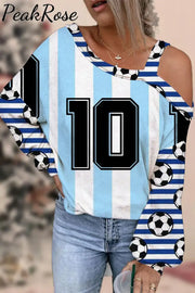 Blue Stripe Game Day Soccer Sleeve Off-Shoulder Blouse