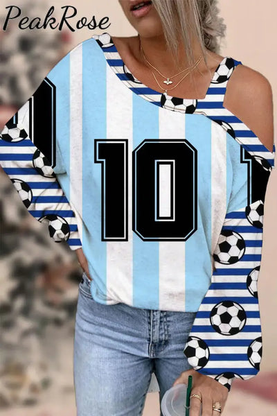 Blue Stripe Game Day Soccer Sleeve Off-Shoulder Blouse S /