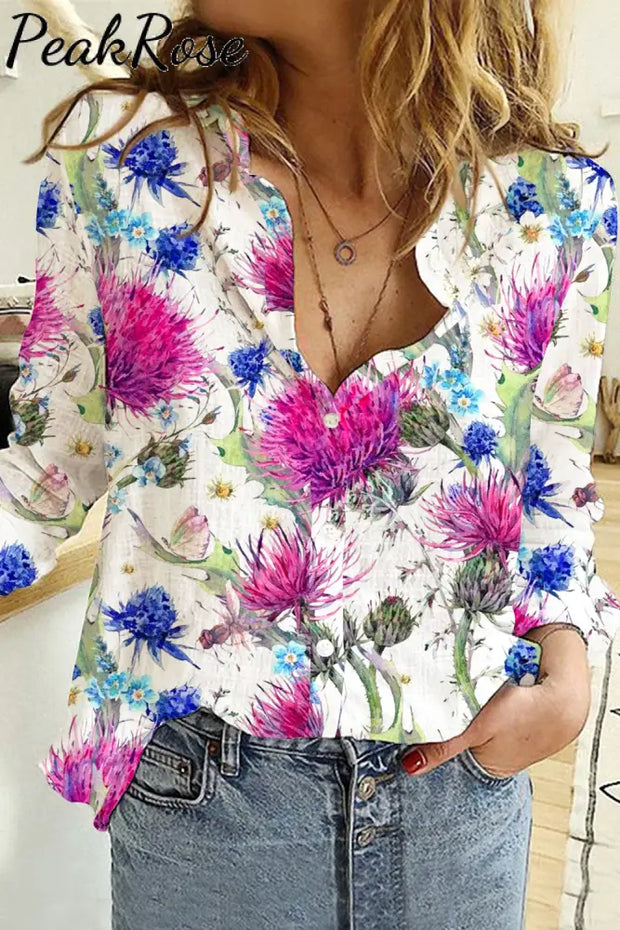 Blue Violet Flowers Long Sleeve Shirt S / Photo Color Women