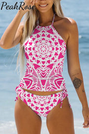 Bohemian White On Pink Vintage Halter Swimsuit