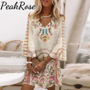 Boho Prairie Pink And Tan Long Sleeve Mini Dress Daily Outfits Spring & Summer