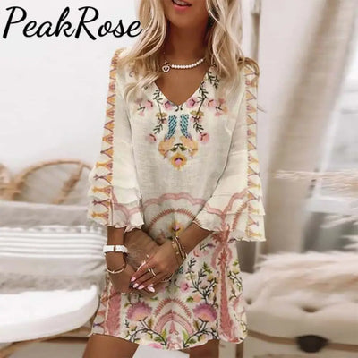 Boho Prairie Pink And Tan Long Sleeve Mini Dress Daily Outfits Spring & Summer