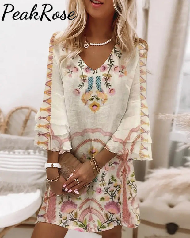 Boho Prairie Pink And Tan Long Sleeve Mini Dress Daily Outfits Spring & Summer