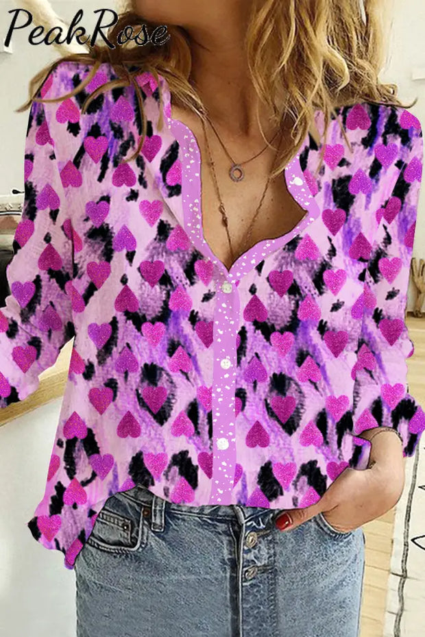 Bright Purple Leopard Heart Long Sleeve Shirt S / Photo Color Women