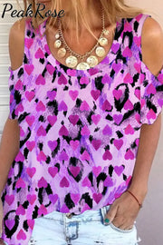 Bright Purple Leopard Heart Print Cold Shoulder T-Shirt S / Photo Color