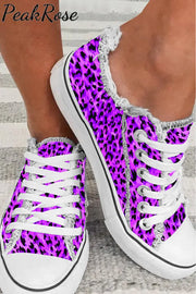 Bright Purple Leopard Print Casual Lace Up Canvas Shoes Sneakers 3.5(35) / Photo Color