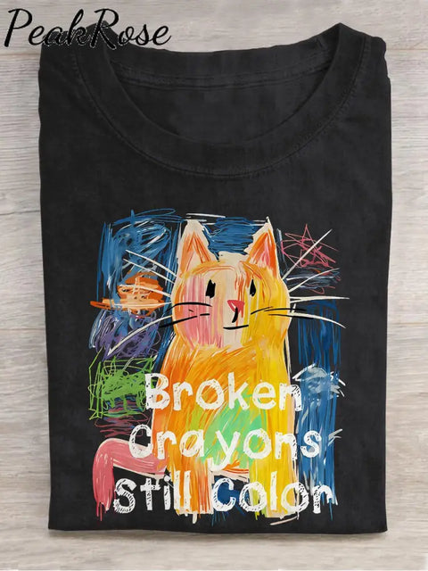 Broken Crayons Still Color Cat Teacher Casual Print T-Shirt Black / S Hot Sell