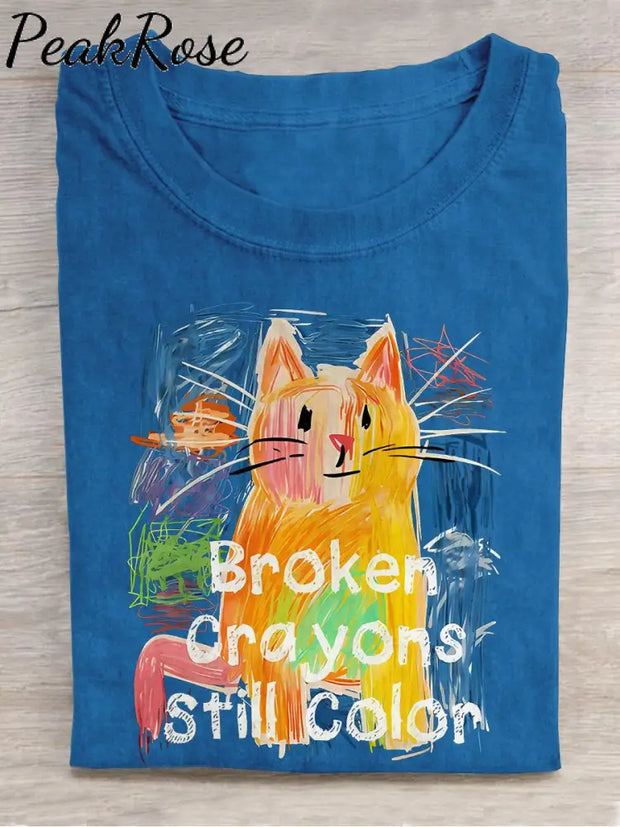 Broken Crayons Still Color Cat Teacher Casual Print T-Shirt Blue / S Hot Sell