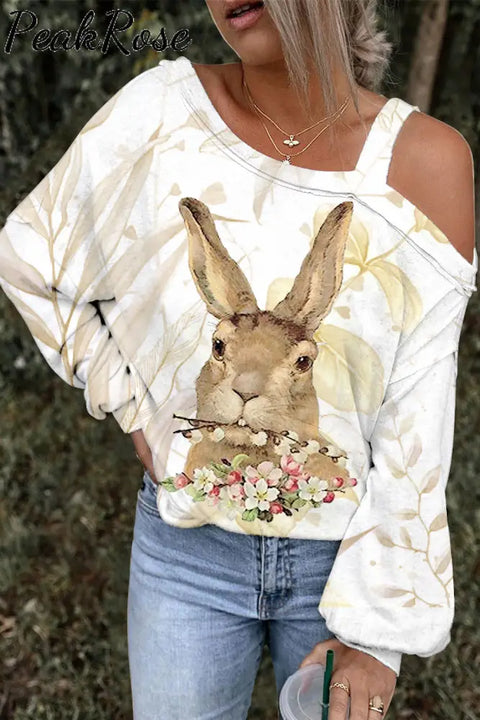 Brown Rabbit Biting A Bouquet Off-Shoulder Blouse Floral / S