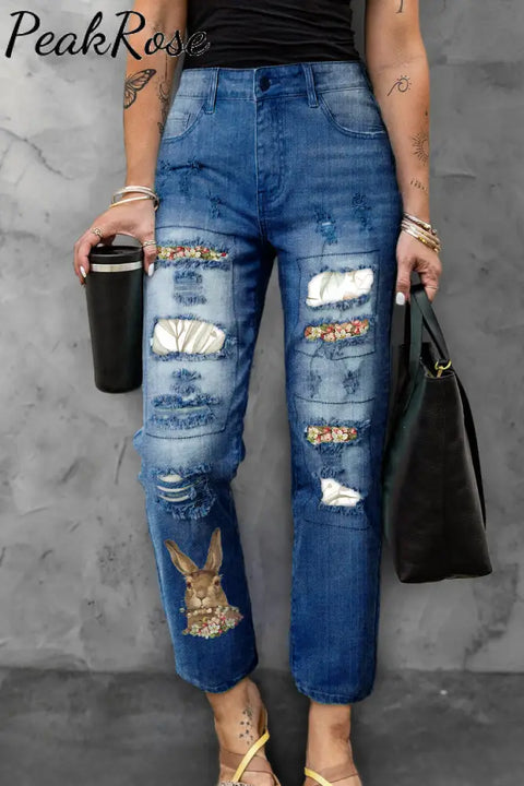 Brown Rabbit Biting A Bouquet Ripped Denim Jeans