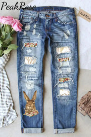 Brown Rabbit Biting A Bouquet Ripped Denim Jeans S / Blue