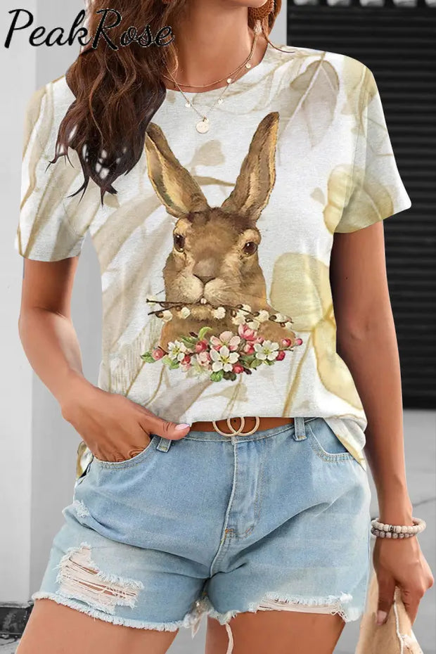 Brown Rabbit Biting A Bouquet Round Neck T-Shirt T-Shirt