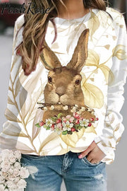 Brown Rabbit Biting A Bouquet Sweatshirt S / Floral