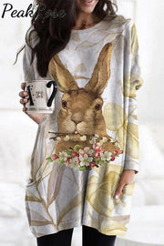 Brown Rabbit Biting A Bouquet Tunic With Pockets