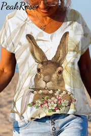 Brown Rabbit Biting A Bouquet V Neck T-Shirt T-Shirt