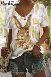 Brown Rabbit Biting A Bouquet V Neck T-Shirt T-Shirt