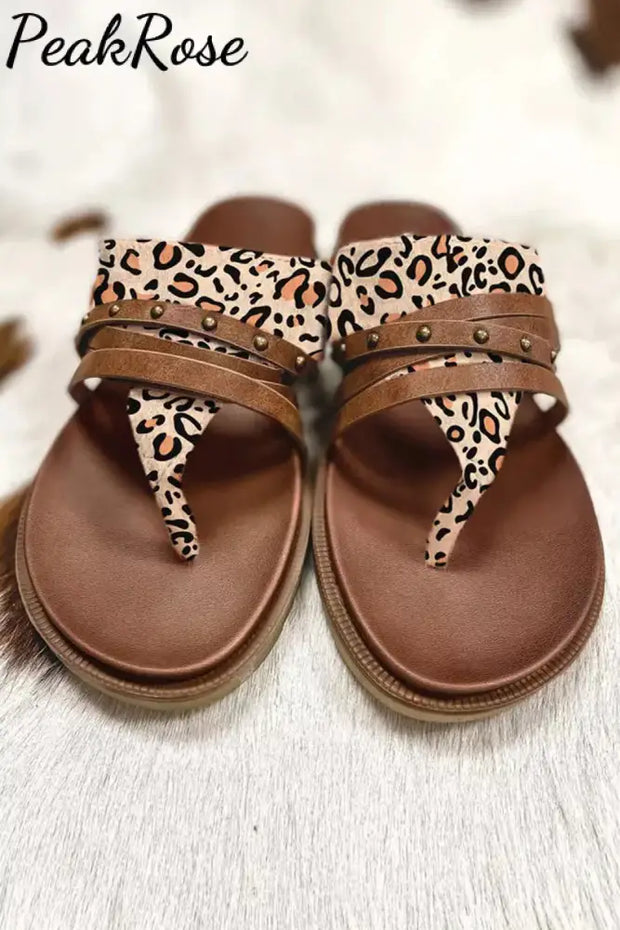 Brown Rivet Strappy Leopard Gladiator Slippers