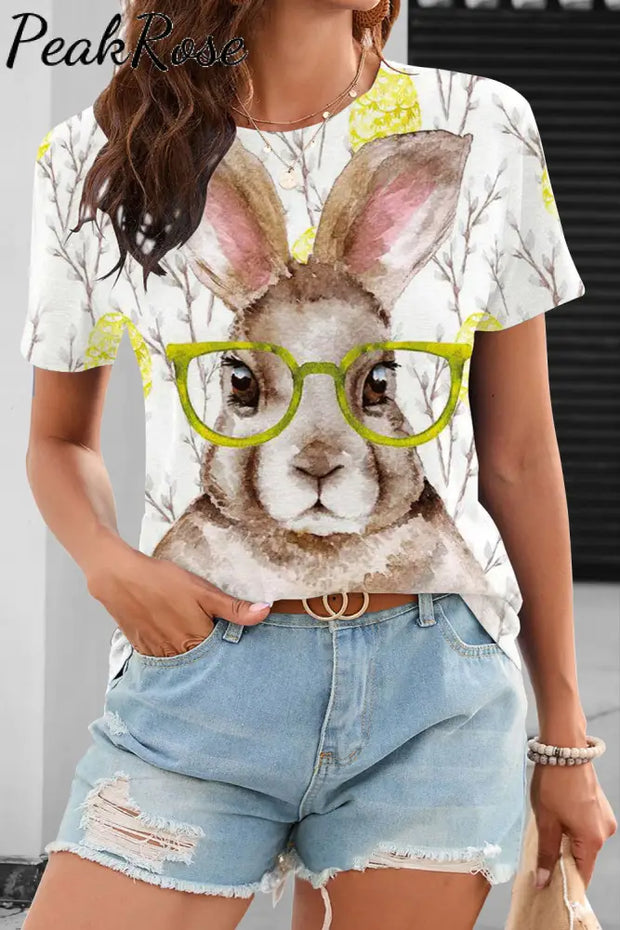 Brown Watercolor Rabbit Growing Branches Yellow O Neck T-Shirt