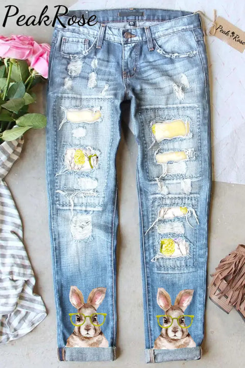 Brown Watercolor Rabbit Growing Branches Yellow Ripped Denim Jeans