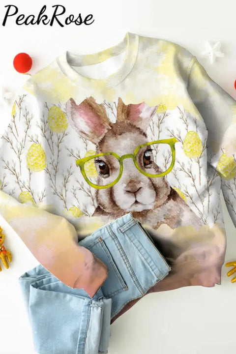 Brown Watercolor Rabbit Growing Branches Yellow Sweatshirt