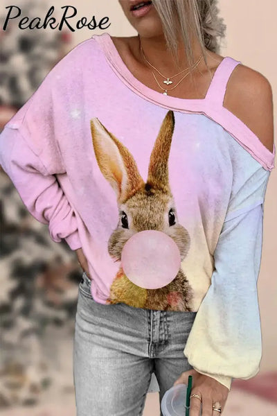 Bubble Gum Bunny Happy Easter Day Off-Shoulder Blouse Ombre / S