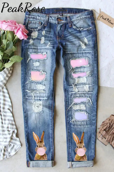 Bubble Gum Bunny Happy Easter Day Ripped Denim Jeans S