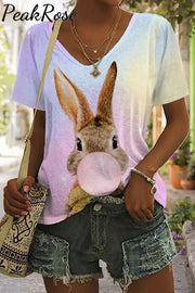 Bubble Gum Bunny Happy Easter Day V Neck T-Shirt S / Ombre T-Shirt