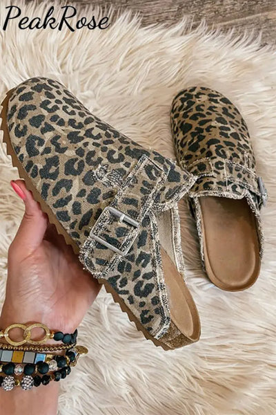 Buckle Strap Frayed Canvas Slip On Slippers Casual Leopard / 5(37)