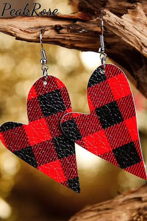 Buffalo Plaid Heart Leather Earrings