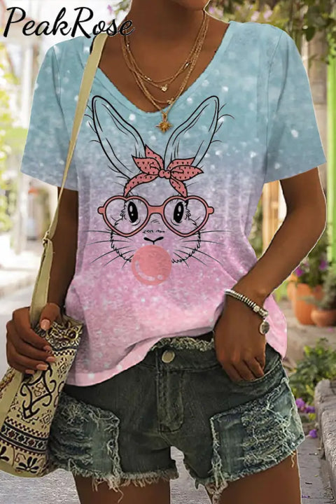 Bunnies Gum Bubbles Ombre Easter Day V Neck T-Shirt T-Shirt