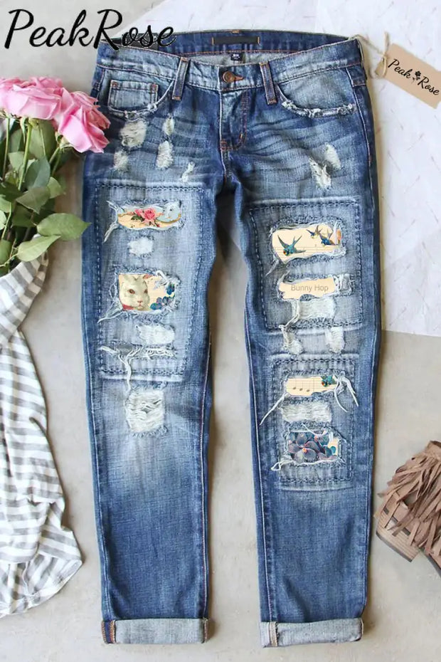 Bunny Hop The White Rabbit Sonata In Piano Score Garden Ripped Denim Jeans S / Blue