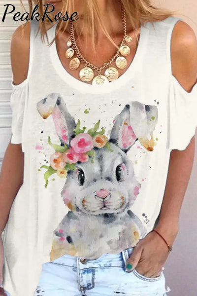 Bunny Rabbit Wearing Spring Flower Wreath Multicolor Ink Dots Printed Casual Cold Shoulder T-Shirt