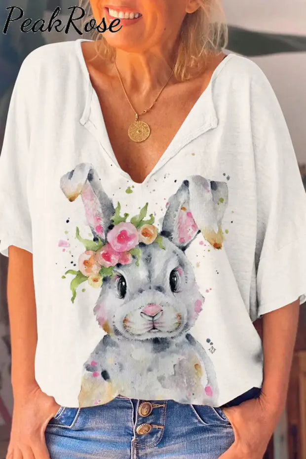 Bunny Rabbit Wearing Spring Flower Wreath Multicolor Ink Dots Printed Casual Dolman Sleeves Tee