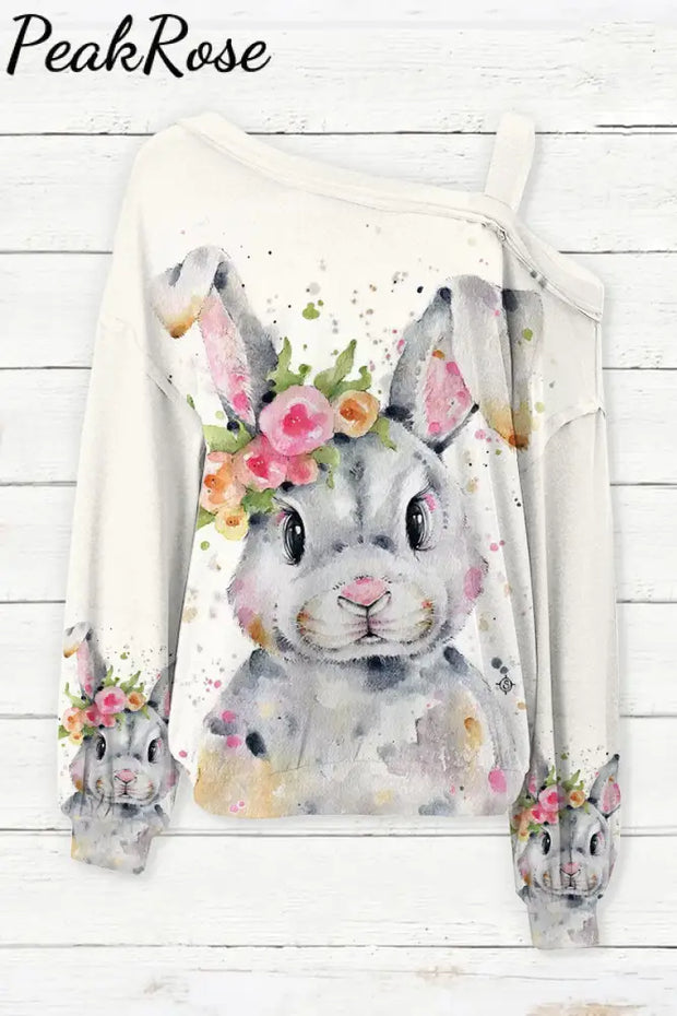 Bunny Rabbit Wearing Spring Flower Wreath Multicolor Ink Dots Printed Casual Off-Shoulder Blouse