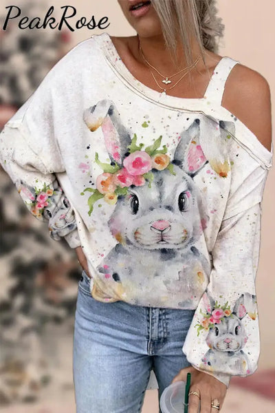 Bunny Rabbit Wearing Spring Flower Wreath Multicolor Ink Dots Printed Casual Off-Shoulder Blouse / S