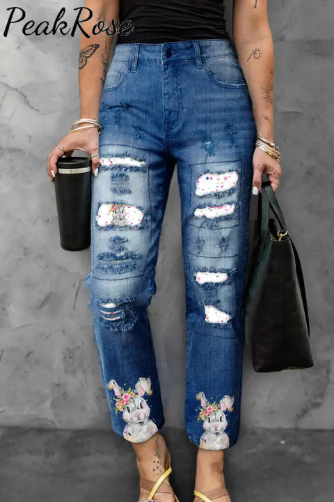 Bunny Rabbit Wearing Spring Flower Wreath Multicolor Ink Dots Printed Casual Ripped Denim Jeans