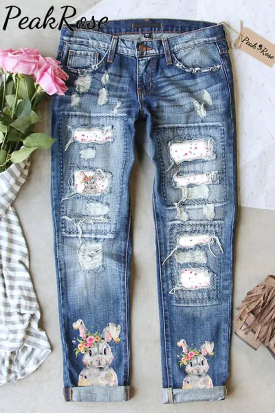 Bunny Rabbit Wearing Spring Flower Wreath Multicolor Ink Dots Printed Casual Ripped Denim Jeans S