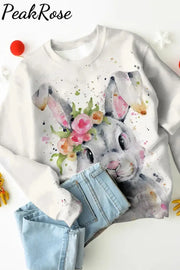 Bunny Rabbit Wearing Spring Flower Wreath Multicolor Ink Dots Printed Casual Sweatshirt