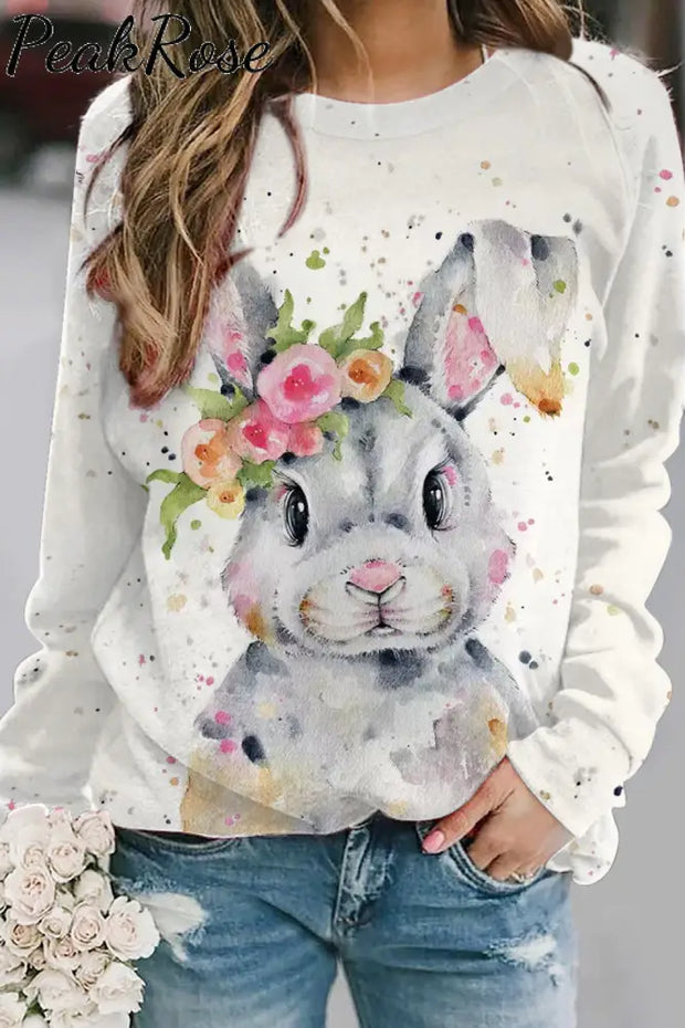 Bunny Rabbit Wearing Spring Flower Wreath Multicolor Ink Dots Printed Casual Sweatshirt S /