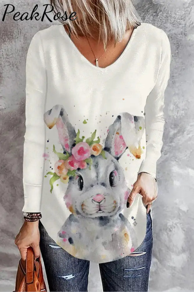 Bunny Rabbit Wearing Spring Flower Wreath Multicolor Ink Dots Printed Casual V Neck Long Sleeve