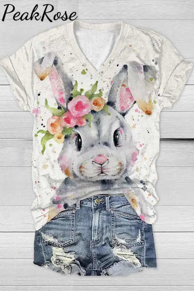 Bunny Rabbit Wearing Spring Flower Wreath Multicolor Ink Dots Printed Casual V-Neck Short Sleeve