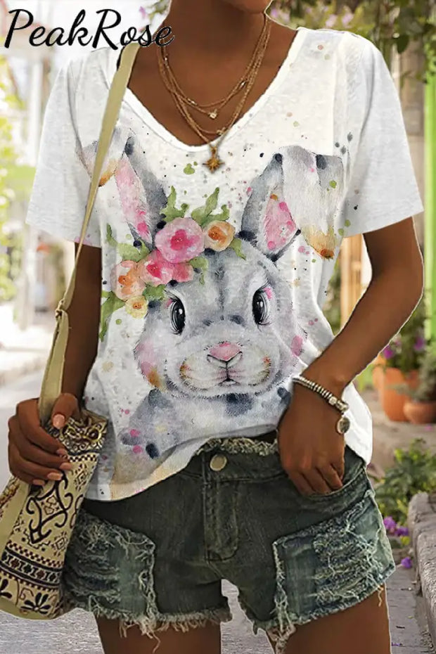 Bunny Rabbit Wearing Spring Flower Wreath Multicolor Ink Dots Printed Casual V-Neck Short Sleeve