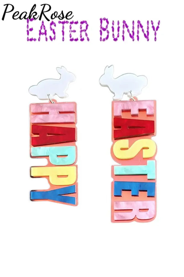 Bunny Rabbit With Colorful Letters Happy Easter Earrings One-Size