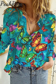 Butterflies Blue Long Sleeve Shirt S / Photo Color Women