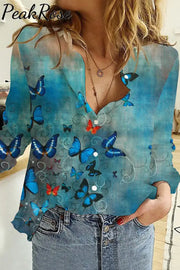 Butterflies Blue Long Sleeve Shirt S / Photo Color Women