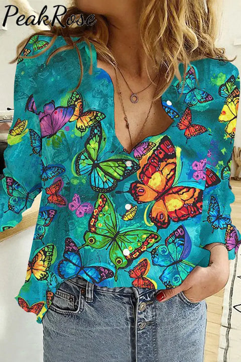 Butterflies Blue Long Sleeve Shirt Women