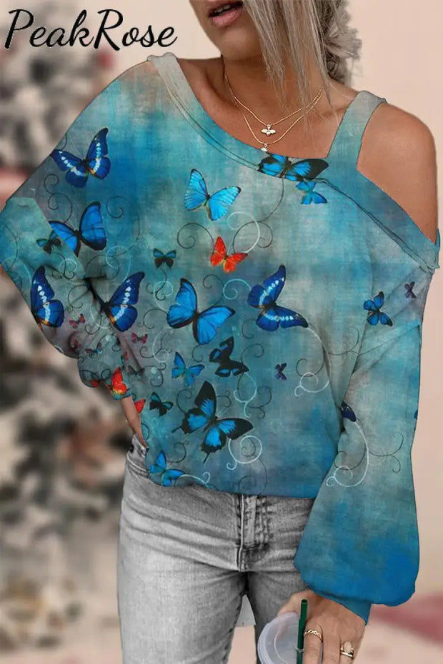 Butterflies Blue Off-Shoulder Blouse