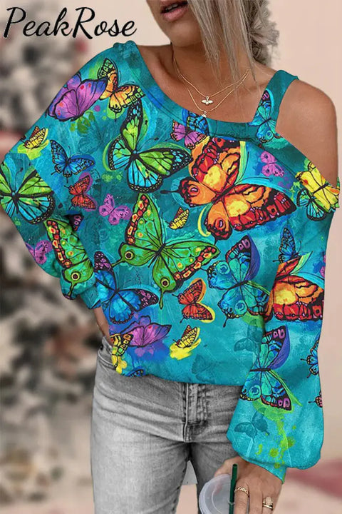 Butterflies Blue Off-Shoulder Blouse