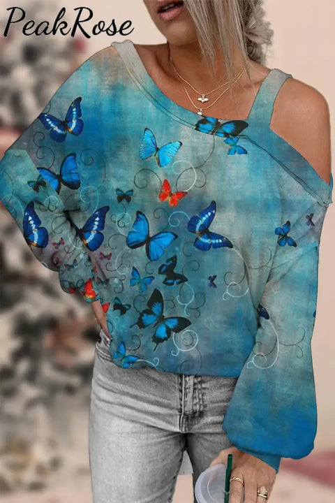 Butterflies Blue Off-Shoulder Blouse S / Photo Color