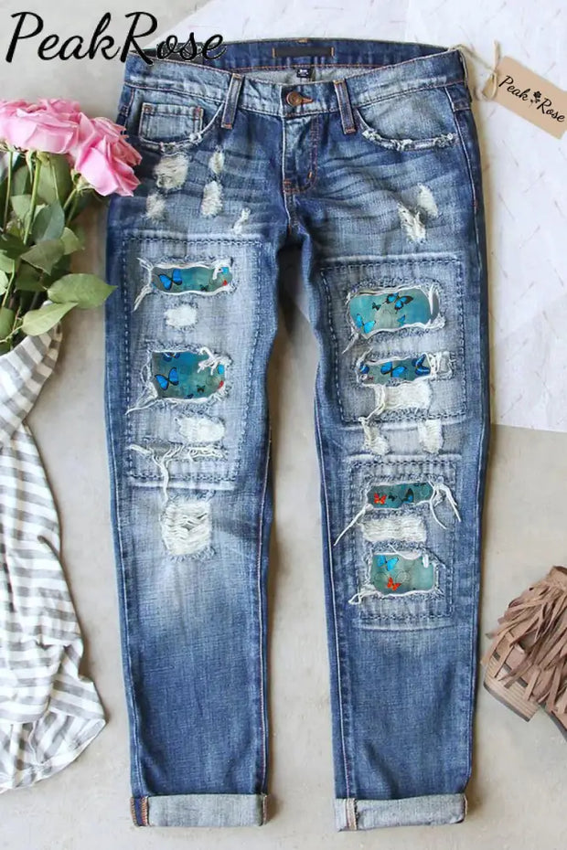 Butterflies Blue Ripped Denim Jeans